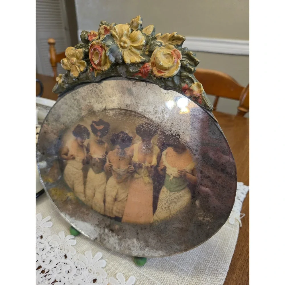 Vintage 1930s Barbola Mirror Oval Frame Victorian Floral Antiqued Women Corsets